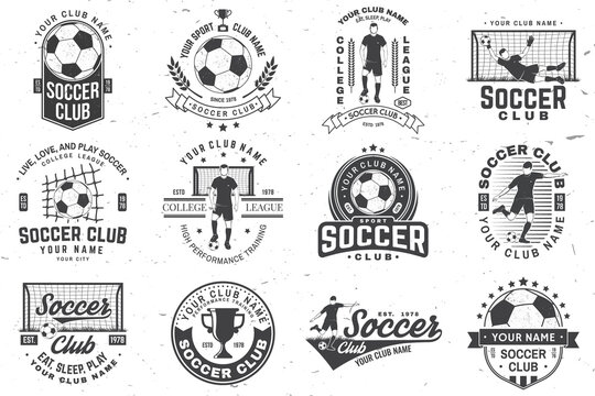 Set of soccer, football club badge design. Vector illustration. For football club sign, logo. Vintage monochrome label, sticker, patch, goalkeeper and gate with soccer and football player silhouettes.