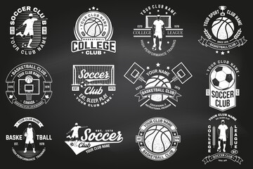 Set of soccer, football and basketball club badge on chalkboard. Vector. Concept for shirt, print, stamp or tee. Vintage design with soccer, football player, basketball player, hoop and ball © sivvector