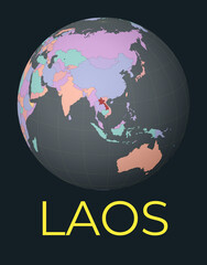 World map centered to Laos. Red country highlighted. Satellite world view centered to country with name. Vector Illustration.
