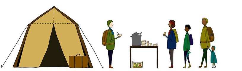 tent, people and food distribution