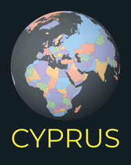 World map centered to Cyprus. Red country highlighted. Satellite world view centered to country with name. Vector Illustration.