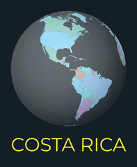 World map centered to Costa Rica. Red country highlighted. Satellite world view centered to country with name. Vector Illustration.