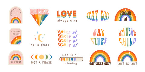 Fototapeta na wymiar Vector set of LGBTQ community stickers in retro groovy 60s 70s style. Trendy collection of slogans and phrases for Pride Month. Queer rainbows flags. Gay parade design graphic elements. Illustration.