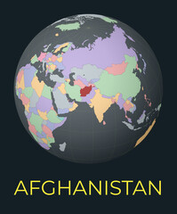 World map centered to Afghanistan. Red country highlighted. Satellite world view centered to country with name. Vector Illustration.