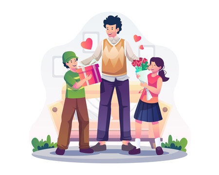 Son and daughter are giving gifts and flowers to their Father on Father's Day. Happy Father's Day Greeting. Flat style vector illustration