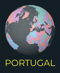World map centered to Portugal. Red country highlighted. Satellite world view centered to country with name. Vector Illustration.