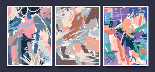 Collection of abstract posters with oil painting on canvas. Can be applied for banners, wall design, postcards, branding, packaging. Vector illustration - obrazy, fototapety, plakaty