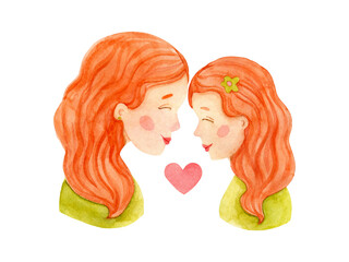 Mother and daughter watercolor illustration isolated on white background. Two red haired girls poster, card. Mother's day design. Girlfriends, family feminity boho print.