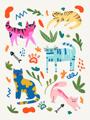 Naklejka premium Collection of trendy bright cats with elements of nature and various plants and flowers