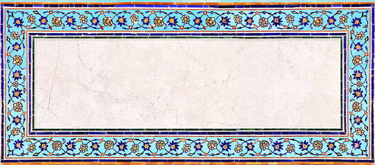 Detail of traditional persian mosaic wall with geometrical and floral ornament, Iran. Horizontal frame with ceramic tile