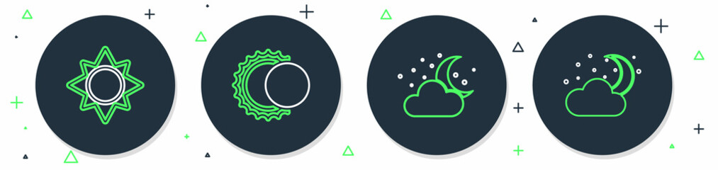 Set line Eclipse of the sun, Cloud with moon and stars, Sun and icon. Vector