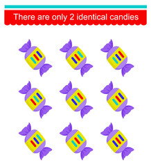 Logical game for kids. Need to find two identical candies. Visual intelligence. Vector illustration
