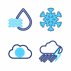Set line Cloud with rain and lightning, snow, Snowflake and Water drop percentage icon. Vector
