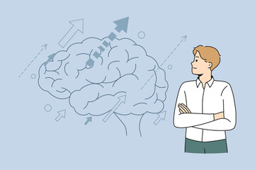 Businessman look at huge brain image develop idea or solve business problem. Male employee brainstorm think of trouble solution. Creativity and innovation. Flat vector illustration. 