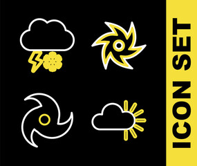 Set line Tornado, Cloudy, and with snow and lightning icon. Vector
