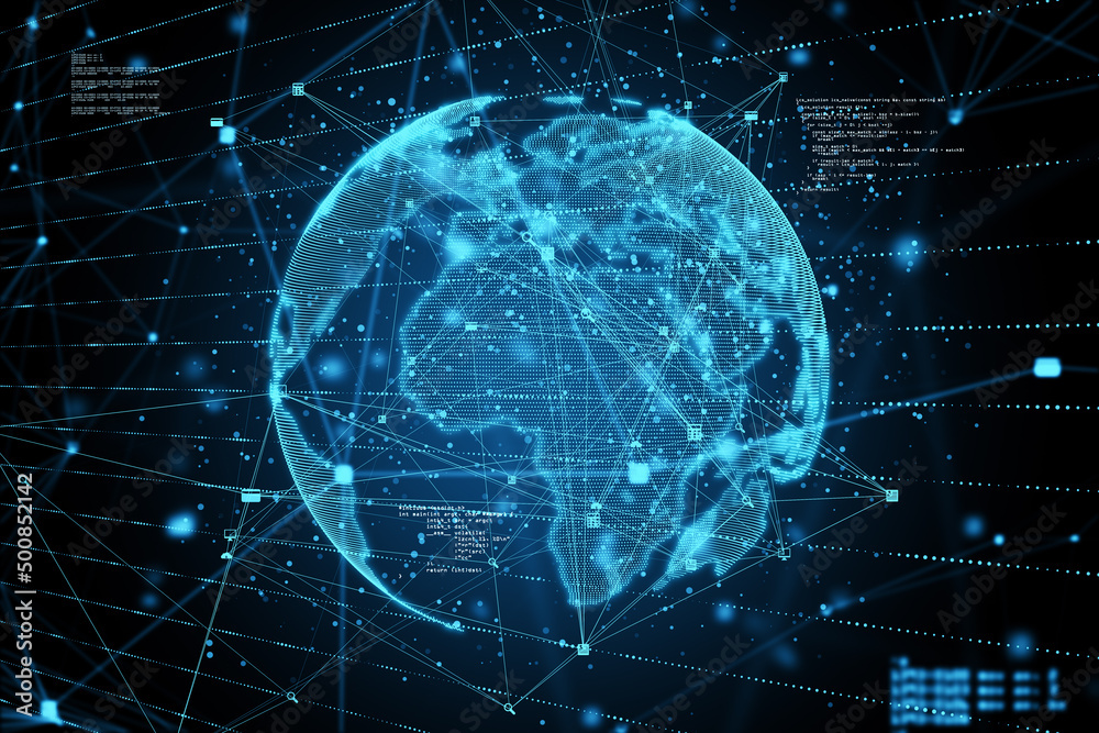 Fototapete Big data, telecommunication and technological background concept with digital world map layout with lots of intersecting lines and coding fragments. 3D rendering