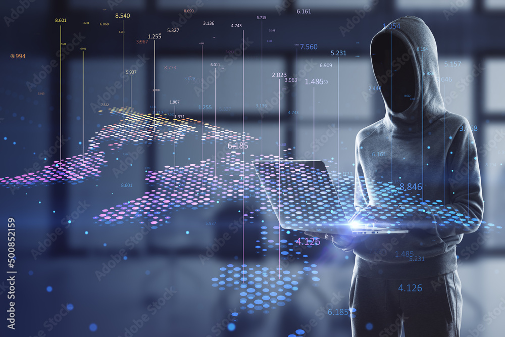 Poster Hacker in hoodie using laptop with abstract digital map and index lines on blurry interior background. Global infographic, hacking, theft, world and location concept. Double exposure.