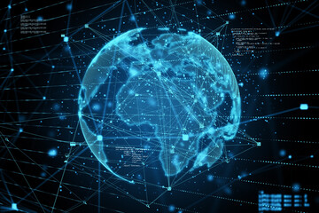 Big data, telecommunication and technological background concept with digital world map layout with lots of intersecting lines and coding fragments. 3D rendering