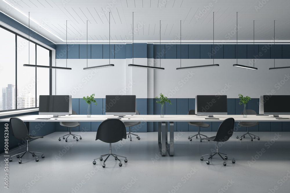 Poster modern concrete coworking office interior with panoramic city view, empty mockup computer monitors o