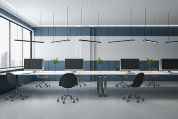 Modern concrete coworking office interior with panoramic city view, empty mockup computer monitors on desks and chairs. 3D Rendering.