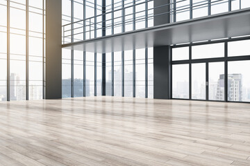 Clean concrete spacious interior with glass windows, wooden flooring and city view. 3D Rendering.