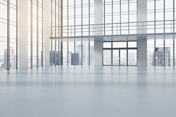 Modern concrete spacious interior with glass windows and city view. 3D Rendering.