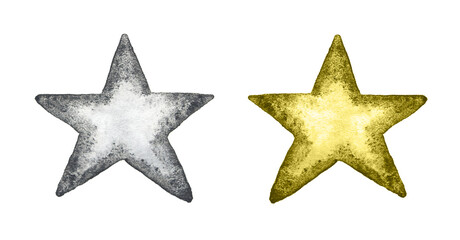 greyscale and yellow star. Watercolor hand drawing. Single isolated illustration. Children water sketch. Brush paint 5 angle element.