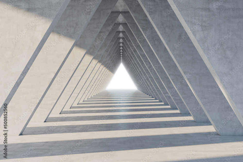 Poster Sunny empty modern architecture design of triangle form tunnel background with shadows inside and bright light exit at the end. 3D rendering