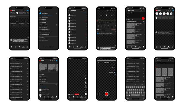 Iphone 13. Apple Mockup. Apple Interface.Apple Apps. Phone Navigation Page. Youtube Application. Home, Recommendations, Popular, Viewed, Liked YouTube Tabs. Dark Theme. Editorial Vector Illustration