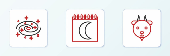 Set line Aries zodiac, Milky way spiral galaxy and Moon phases calendar icon. Vector