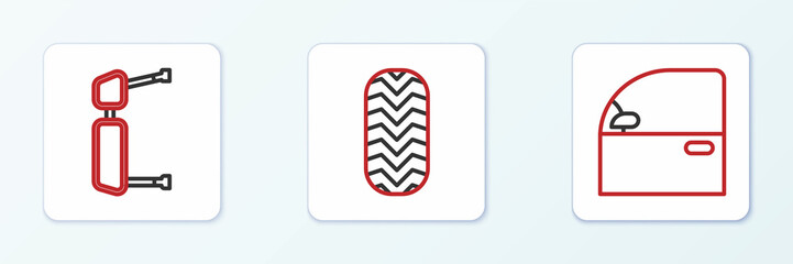Set line Car door, Truck side mirror and tire icon. Vector