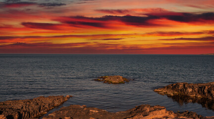 Bulgarian landscape with the Black Sea and stones at sunset