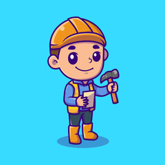 Cute Architect Holding Hammer Cartoon Vector Icon Illustration. People Profession Icon Concept Isolated Premium Vector. Flat Cartoon Style