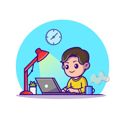 Fototapeta na wymiar Cute Boy Study With Laptop Cartoon Vector Icon Illustration. Education Technology Icon Concept Isolated Premium Vector. Flat Cartoon Style