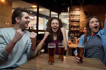 Cheerful soccer fans having beer and watching a match together in a pub