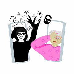 The concept of cybercrime. A masked man learns a bank card password from an elderly woman. Money theft and fraud, crime in a digital world. Warning and reminder. Cartoon flat vector illustration.