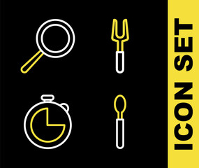 Set line Barbecue fork, Spoon, Kitchen timer and Frying pan icon. Vector