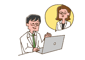 他の医師とオンラインで連絡を取っている医師　コミカルな手書きの人物　ベクター、線画にカラー