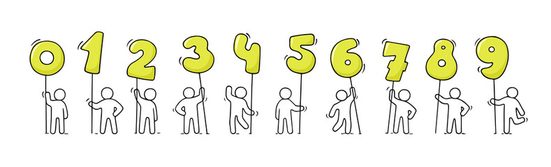 Cartoon icons set of sketch little people with numbers.