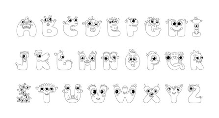Monster alphabet coloring page book. Coloring page english alphabet for children with funny and sad monsters. Funny alphabet of cartoon characters vector font letters of comic monster creature faces - obrazy, fototapety, plakaty