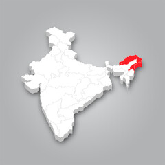 3D Map of India and the Location of the State of Arunachal Pradesh Marked in Red.