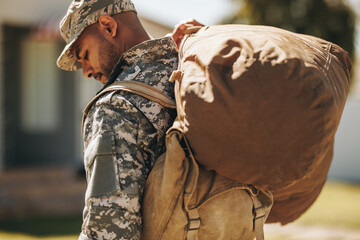 Brave serviceman returning home from the army