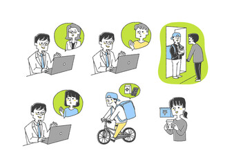 オンライン診療のあと自宅で薬の配達を受け取る患者のセット　コミカルな手書きの人物　ベクター、線画