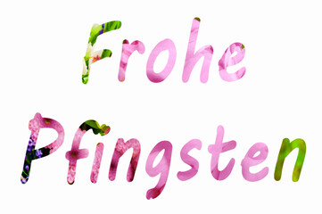 Frohe Pfingsten - Brauchtum, eine grüne Birke geschmückt mit bunten Bändern vor blauen Himmel