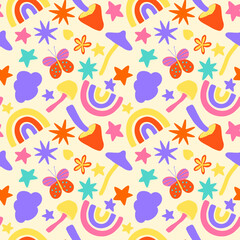 Cute doodle rainbow, mushroom, star scribbles seamless pattern. Modern flat pop up repeat print on ivory background. Cartoon design in violet, yellow, pink and orange colors.