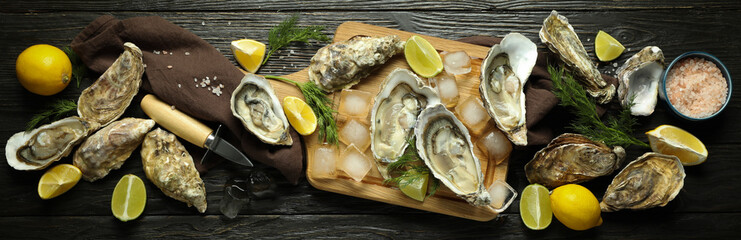 Concept of delicious seafood, oysters, top view © Atlas