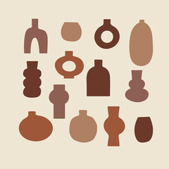 Antique vases vector illustration. Earthy colored set of pots and bottles. Modern minimalist design for social media, web banner, package branding