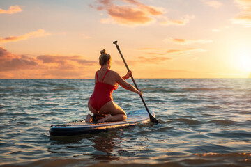 Plus sized beautiful Caucasian woman in red swimsuit swimming sitting on a sup board. Sunset on the...
