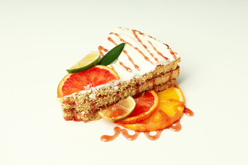 Piece of meringue pie with citrus, close up