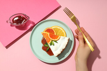 Concept of tasty dessert with meringue pie with citrus, top view